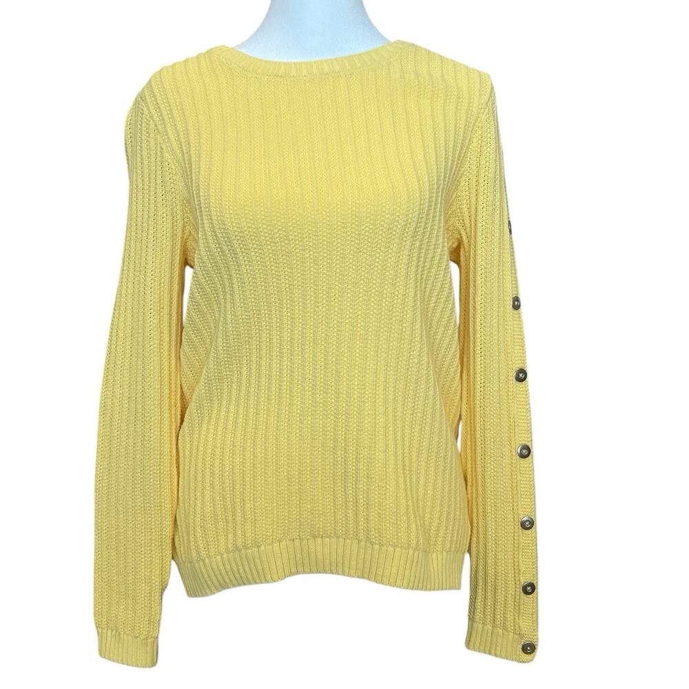 Talbots Cable Knit Sweater Crew Neck Pullover Yellow Fisherman Button Size Small
